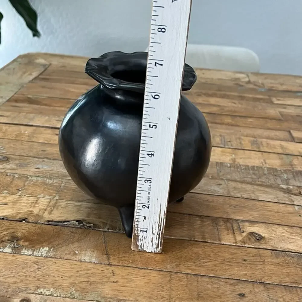 Three Footed Black Pottery Vase Traditional Barro Negro Vessel Oaxaca México